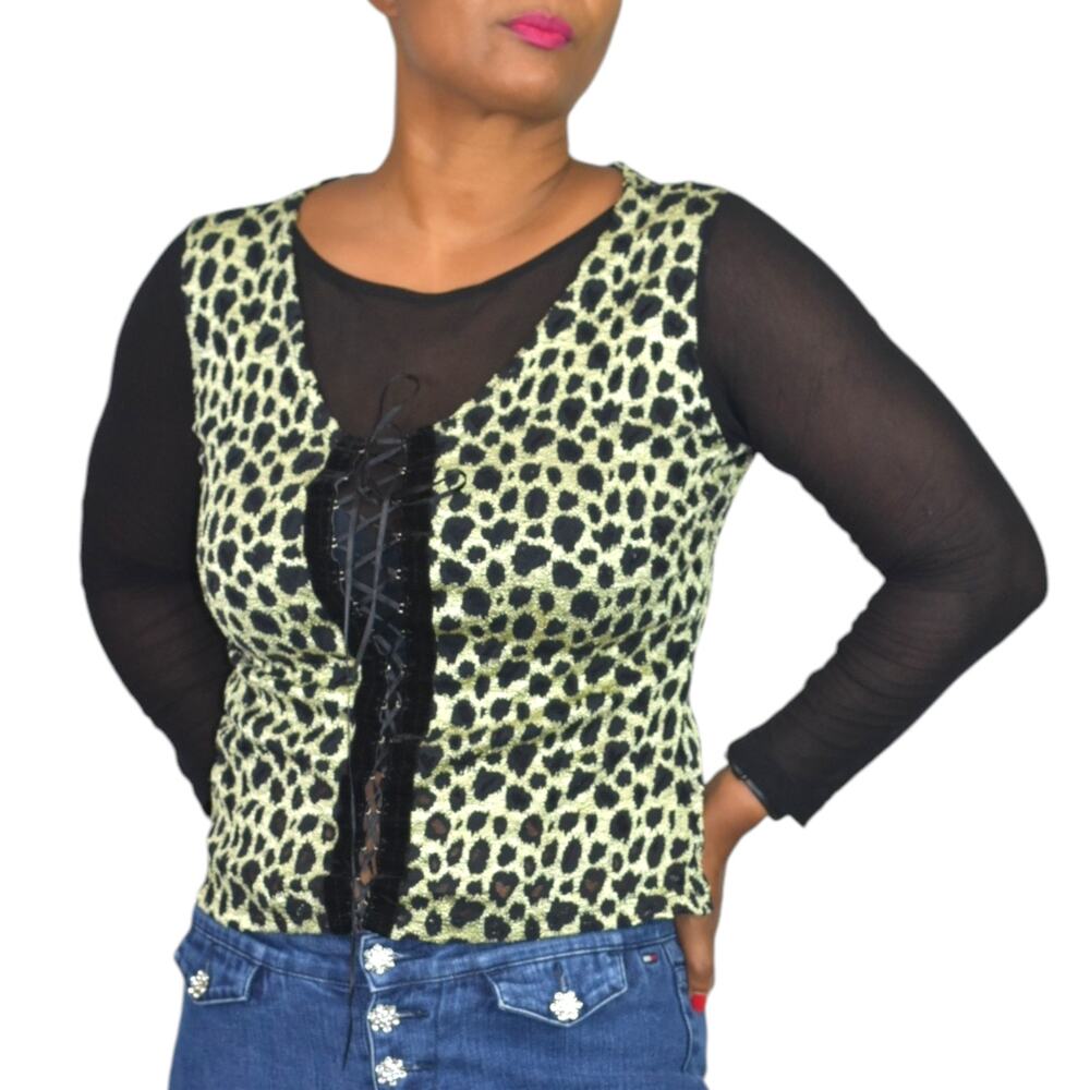 Vintage Corset Lacing Shirt Black Mesh Animal Print 90s Pullover Stretchy Medium - Picture 15 of 16